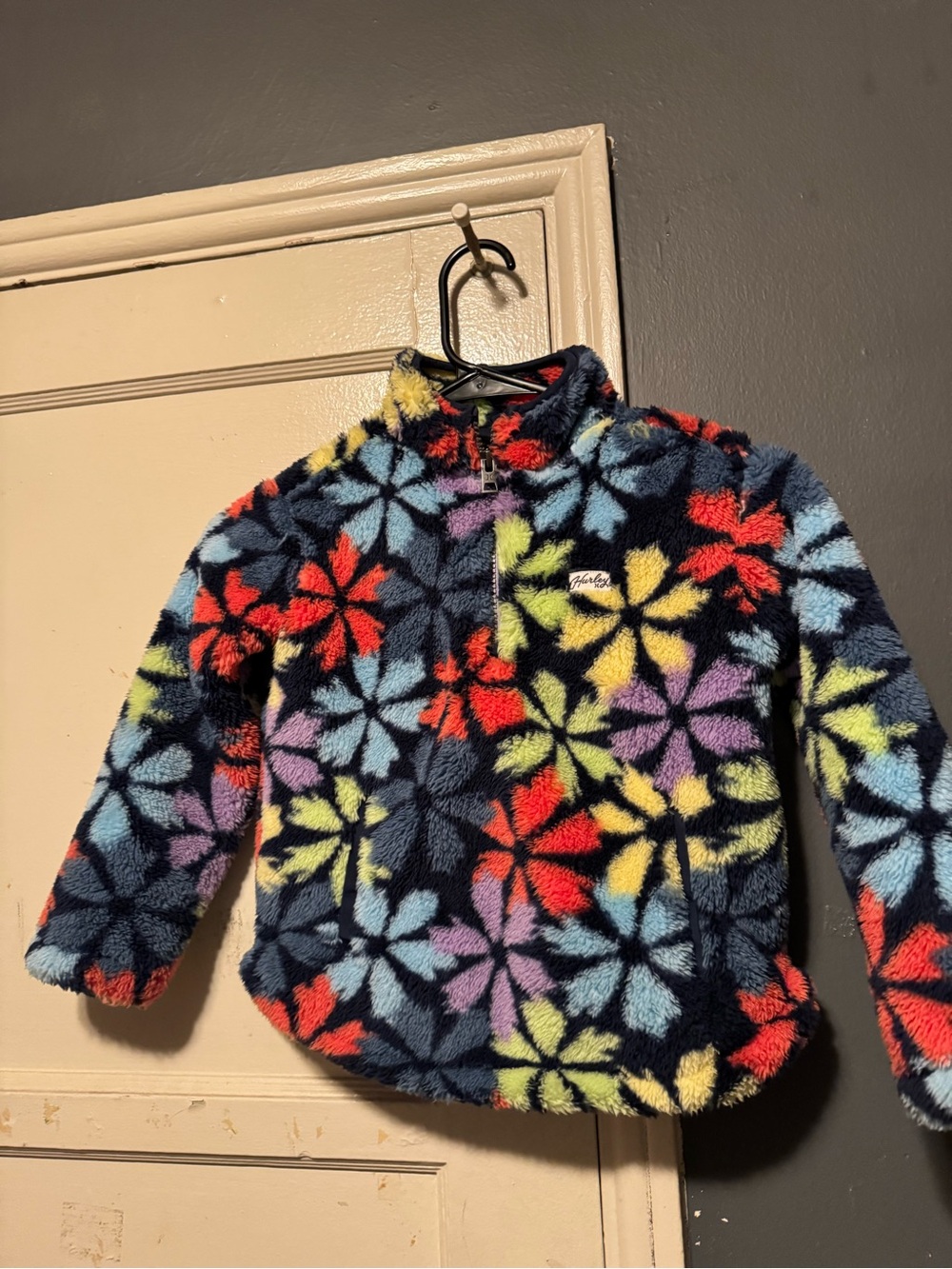 Hurley Navy Fleece Pullover with Red, Yellow, Light Blue, Purple Flower Pattern